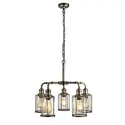 Lampadario Contemporaneo Tubi Acciaio Ottone Vetro Trasparente 5 Luci E27