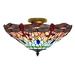 Plafoniera Tiffany Libellula Metallo Ottone Vetro 3 Luci E14