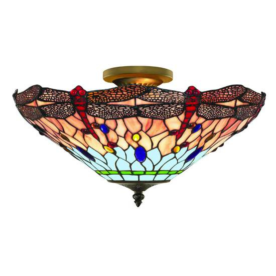 Plafoniera Tiffany Libellula Metallo Ottone Vetro 3 Luci E14 | SearchLight