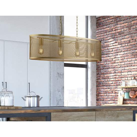 Lampadario Industrial-Nordico Rete Acciaio Oro 4 Luci E27 2484-4GO
