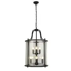 Lampadario Industrial Lantern Acciaio Nero Vetro Trasparente 8 Luci E14