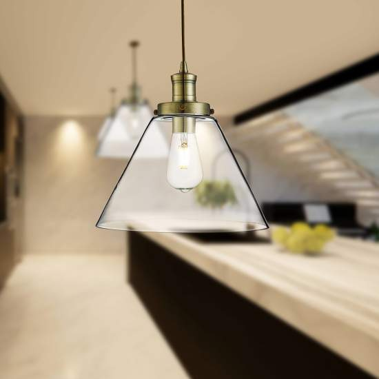 Sospensione Contemporanea Piramide Acciaio Ottone Vetro Trasparente 1 Luce E27 3228AB