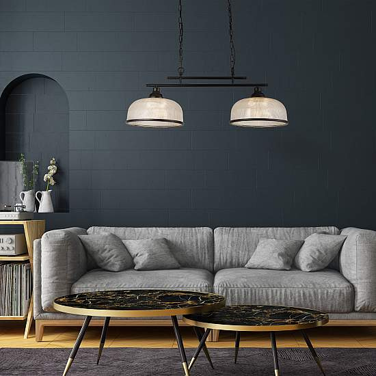 Lampadario Rustico-Country Highworth Acciaio Nero Vetro Trasparente 2 Luci E27 3592-2BK