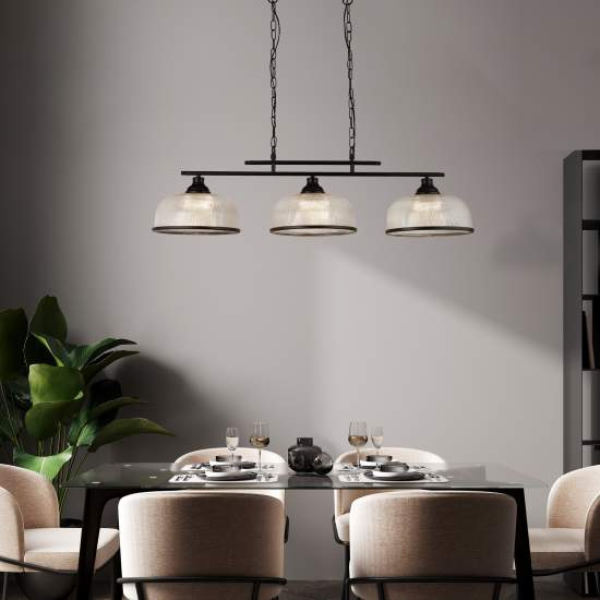 Lampadario Rustico-Country Highworth Acciaio Bianco Vetro Nero 3 Luci E27 3593-3BK