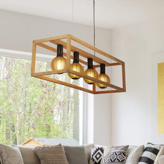 Lampadario Industrial-Nordico Square Legno Marrone Nero 4 Luci E27 54741-4NA