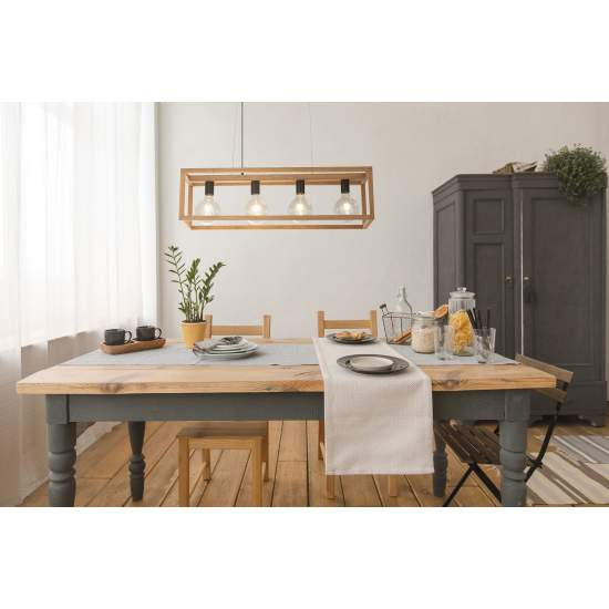 Lampadario Industrial-Nordico Square Legno Marrone Nero 4 Luci E27 54741-4NA