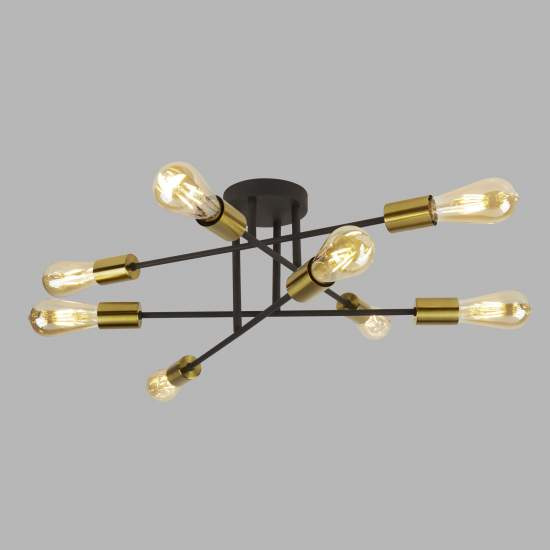 Plafoniera Industrial-Nordico Armstrong Acciaio Nero Ottone 8 Luci E27 8048-8BK