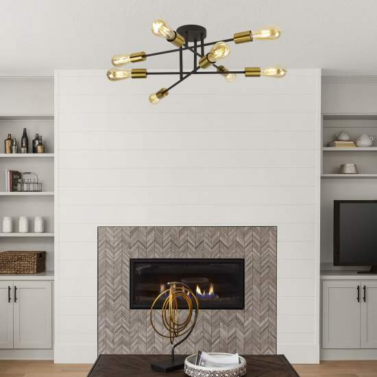 Plafoniera Industrial-Nordico Armstrong Acciaio Nero Ottone 8 Luci E27 8048-8BK
