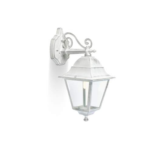 Applique Media In Basso Esterno Old Alluminio E Vetro Bianco E Arg. 1 Luce E27 988/37