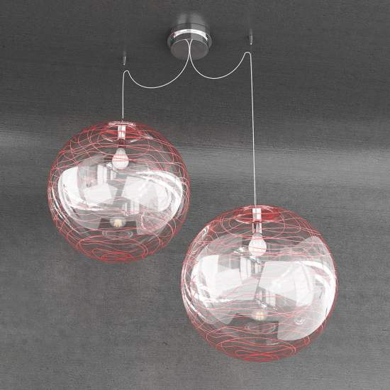 Sospensione Contemporanea Moon Metallo Cromo Vetro Rosso 2 Luci E27 D.40Cm 1117_S2-40-RO