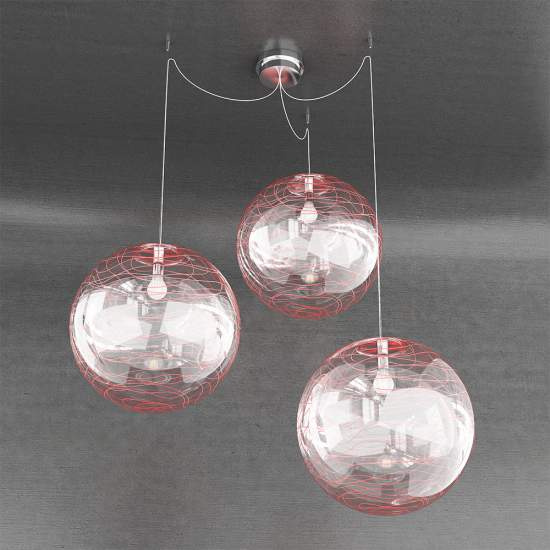 Sospensione Contemporanea Moon Metallo Cromo Vetro Rosso 3 Luci E27 D.40Cm 1117_S3-40-RO