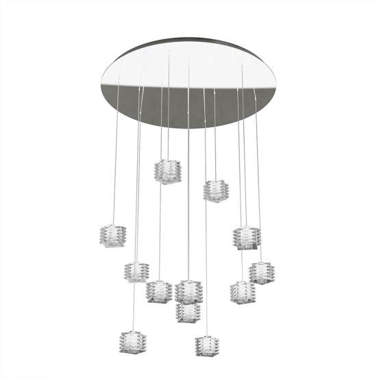 Sospensione Contemporanea Rubik Metallo Cromo Diffusore Cristallo 12 Luci G9 1126_S12