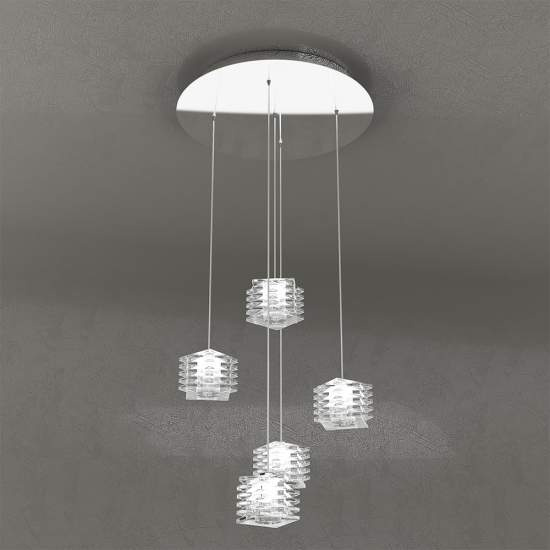 Sospensione Contemporanea Rubik Metallo Cromo Diffusore Cristallo 5 Luci G9 1126_S5