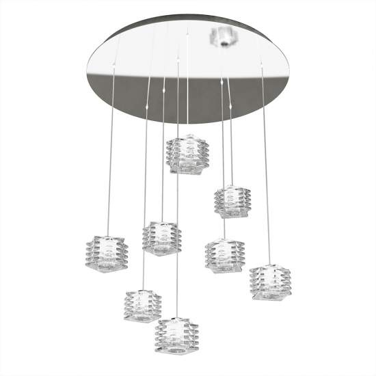 Sospensione Contemporanea Rubik Metallo Cromo Diffusore Cristallo 8 Luci G9 1126_S8