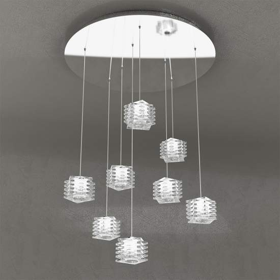 Sospensione Contemporanea Rubik Metallo Cromo Diffusore Cristallo 8 Luci G9 1126_S8
