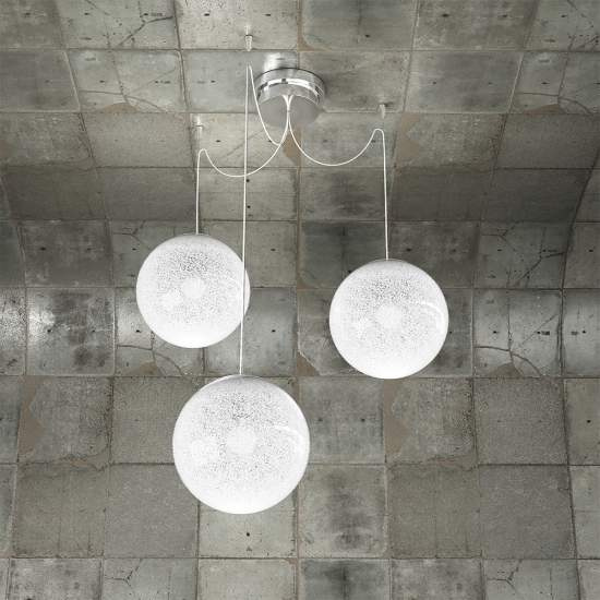 Sospensione Contemporanea Glitter Metallo Cromo Vetro Soffiato Trasp 3 Luci E14 1135_S3-20