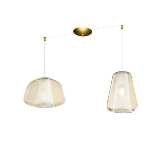 Sospensione Contemp. Double Skin Metallo Ottone Sat. Vetro B-G Ambra 2 Luci E27 1176OS_S2SBG-AM
