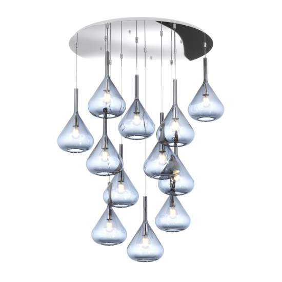 Sospensione Contemp Tonda Kona Metallo Cromo Vetro Blu 12 Luci E27 1177CR_S12T-BL
