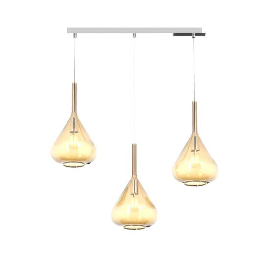 Sospensione Contemp Rett Kona Metallo Cromo Vetro Ambra 3 Luci E27 1177CR_S3R-AM
