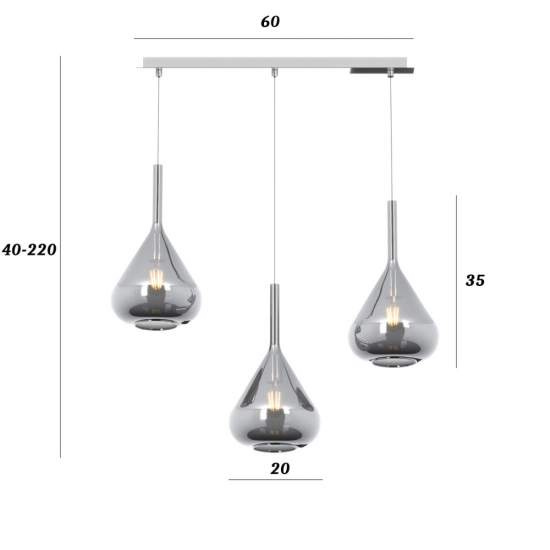 Sospensione Contemp Rett Kona Metallo Cromo Vetro Fumè 3 Luci E27 1177CR_S3R-FU