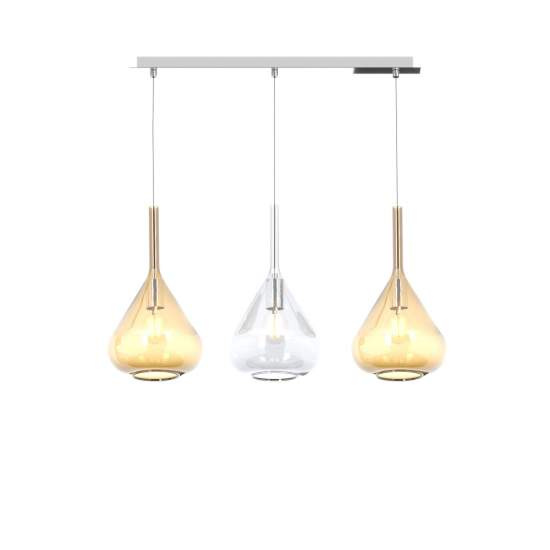 Sospensione Contemp Rett Kona Metallo Cromo Vetro Trasparente Ambra 3 Luci E27 1177CR_S3R-TA