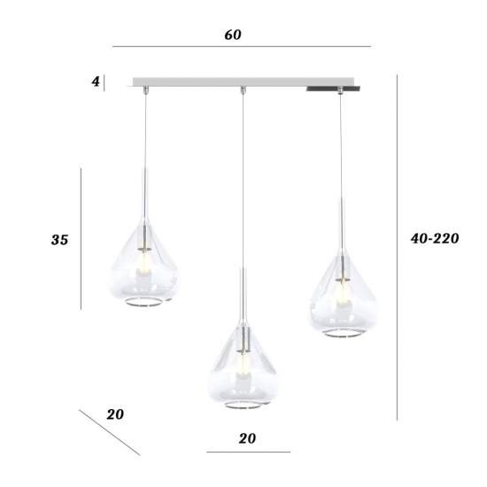 Sospensione Contemp Rett Kona Metallo Cromo Vetro Trasparente 3 Luci E27 1177CR_S3R-TR