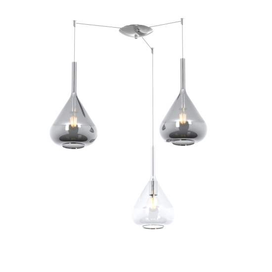 Sospensione Contemporanea Kona Metallo Cromo Vetro Trasparente E Fumè 3 Luci E27 1177CR_S3S-TF