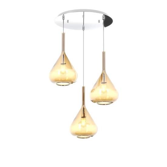Sospensione Contemp Tonda Kona Metallo Cromo Vetro Ambra 3 Luci E27 1177CR_S3T-AM