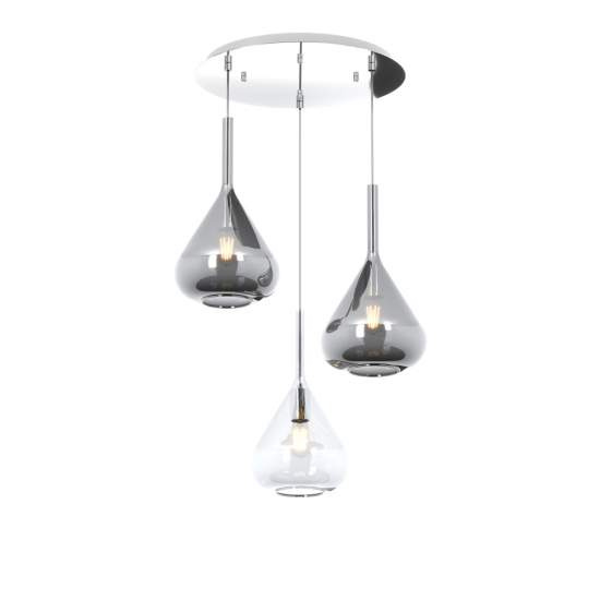 Sospensione Contemp Tonda Kona Metallo Cromo Vetro Trasparente Fumè 3 Luci E27 1177CR_S3T-TF