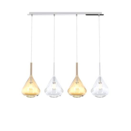 Sospensione Contemp Rett Kona Metallo Cromo Vetro Trasparente Ambra 4 Luci E27 1177CR_S4R-TA