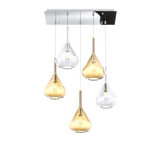Sospensione Contemporanea Kona Metallo Cromo Vetro Trasparente Ambra 5 Luci E27 1177CR_S5R-TA