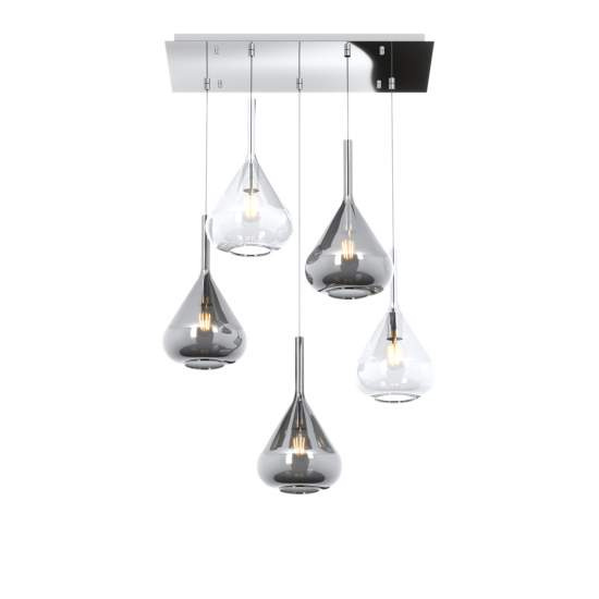 Sospensione Contemporanea Kona Metallo Cromo Vetro Trasparente Fumè 5 Luci E27 1177CR_S5R-TF