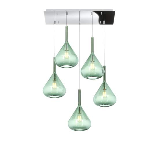 Sospensione Contemporanea Kona Metallo Cromo Vetro Verde 5 Luci E27 1177CR_S5R-VE