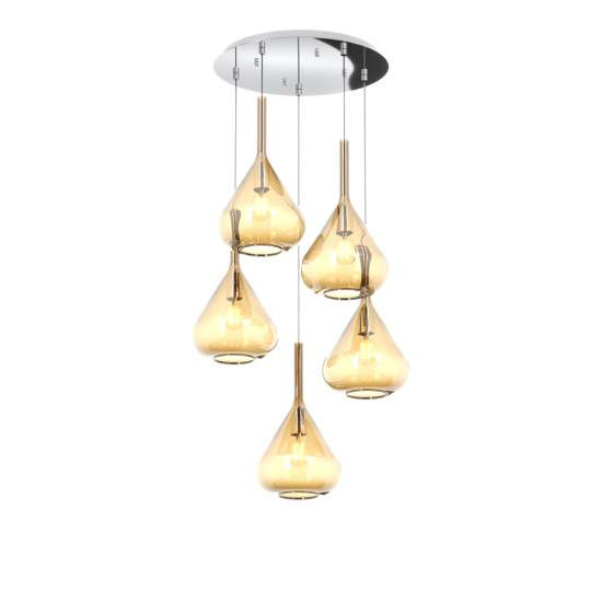 Sospensione Contemp Tonda Kona Metallo Cromo Vetro Ambra 5 Luci E27 1177CR_S5T-AM