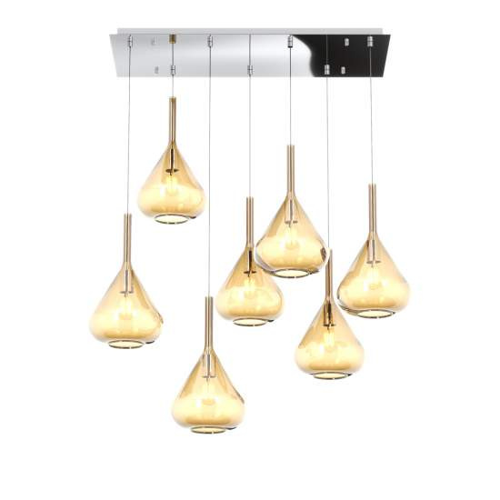 Sospensione Contemporanea Kona Metallo Cromo Vetro Ambra 7 Luci E27 1177CR_S7R-AM