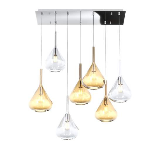Sospensione Contemporanea Kona Metallo Cromo Vetro Trasparente Ambra 7 Luci E27 1177CR_S7R-TA