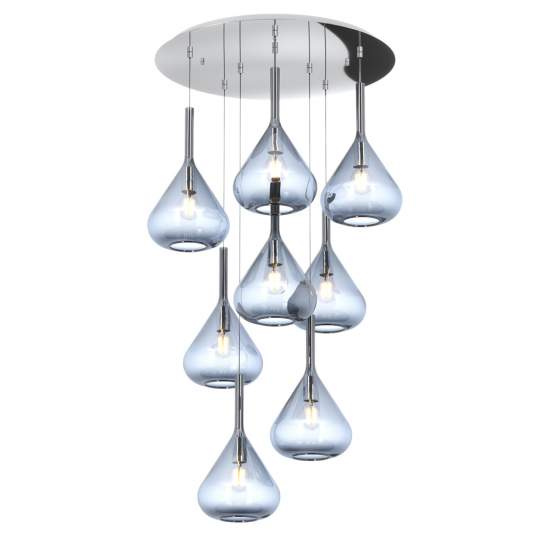 Sospensione Contemp Tonda Kona Metallo Cromo Vetro Blu 8 Luci E27 1177CR_S8T-BL