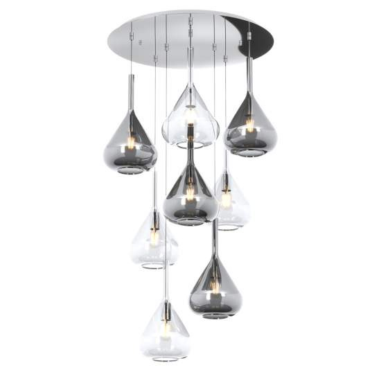 Sospensione Contemp Tonda Kona Metallo Cromo Vetro Trasparente Fumè 8 Luci E27 1177CR_S8T-TF