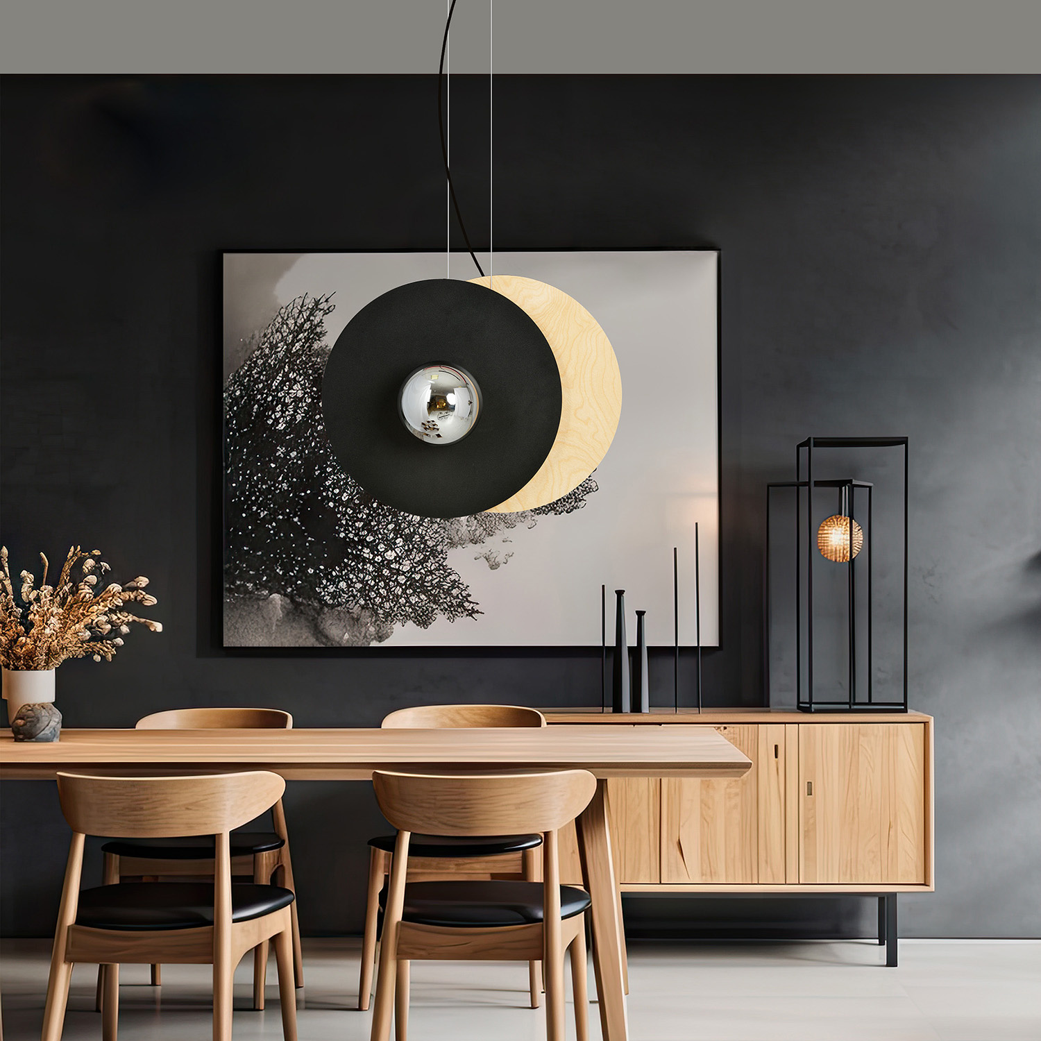 Sospensione Minimal Nordica Brigid 2 Luci In Acciaio Nero E Legno Vetro Fumè LA0076-EB-2-MA-GR