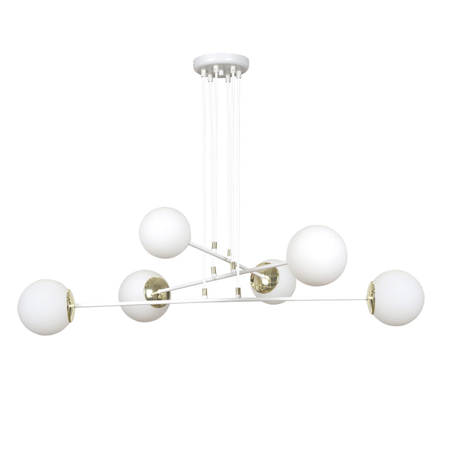 Lampadario Moderno 6 Luci Tsukuyomi In Acciaio Bianco E Oro E Vetro A Sfera Opale