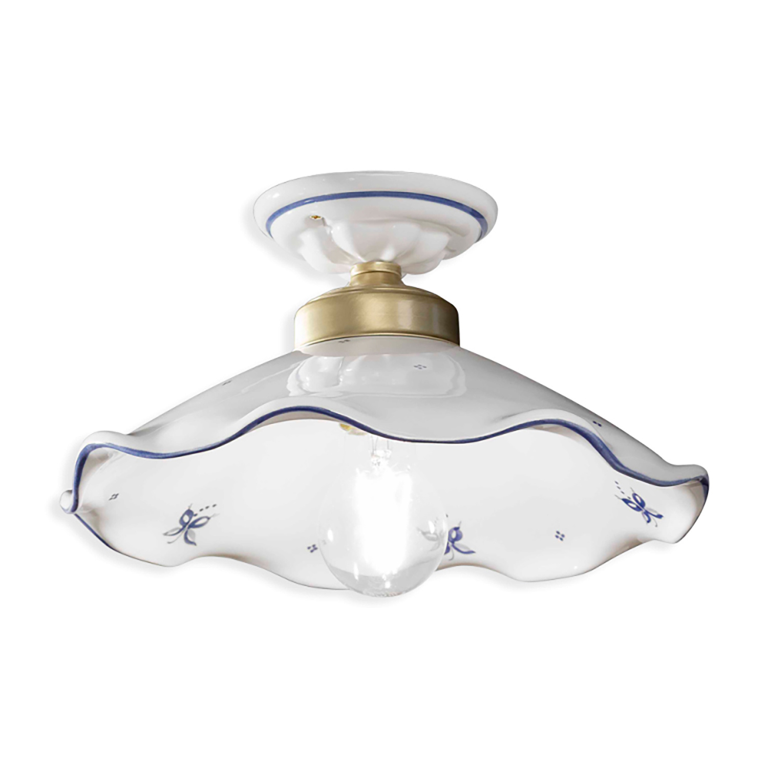 Image of Plafoniera Classica Belluno Ceramica E Ottone Decorato Filo Blu 1 Luce E27