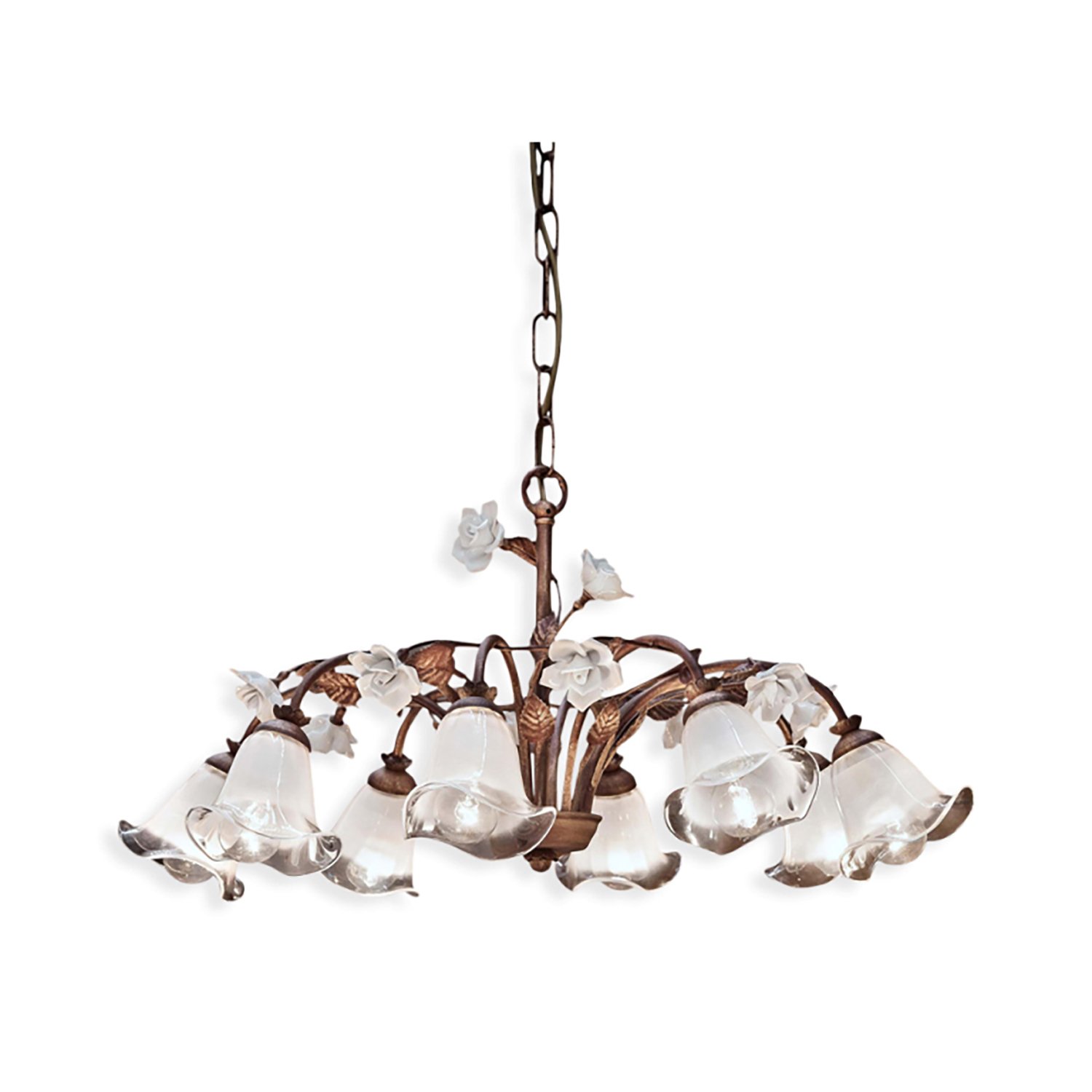 Lampadario Classico Siena Metallo E Ceramica Ruggine Decorato Lucido 8 Luce E14