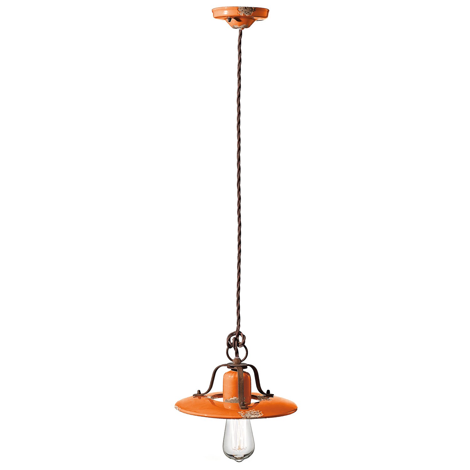 Lampadario Vintage Country Ferro E Ceramica Arancio 1 Luce E27 25Cm