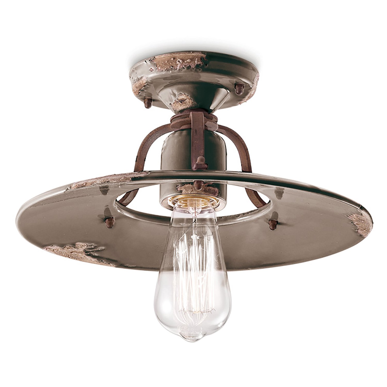 Plafoniera Vintage Country Ferro E Ceramica Tortora D30 1 Luce E27