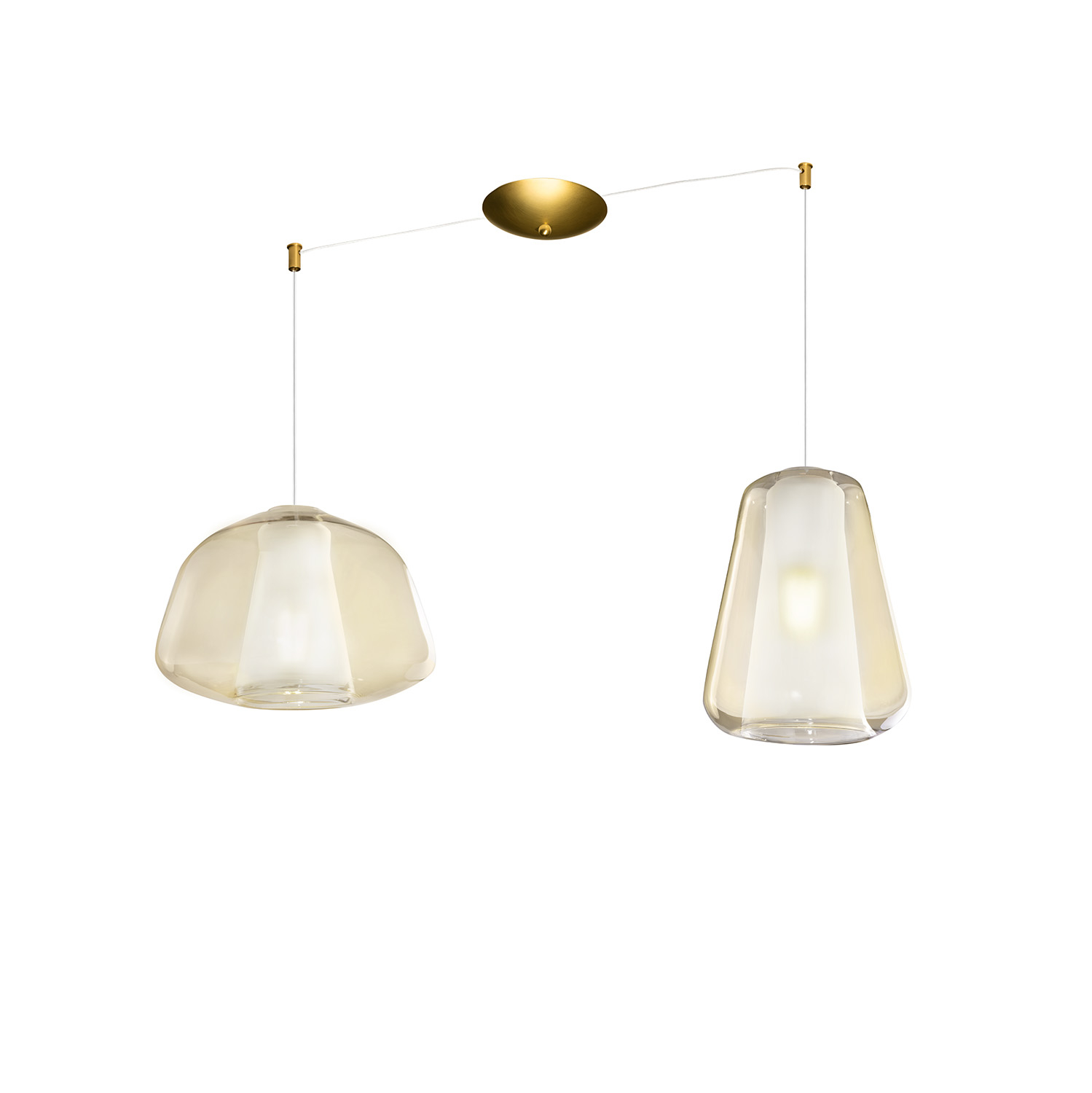 Lampadario Contemporaneo Double Skin Metallo Ottone Vetro Ambra 2 Luci E27
