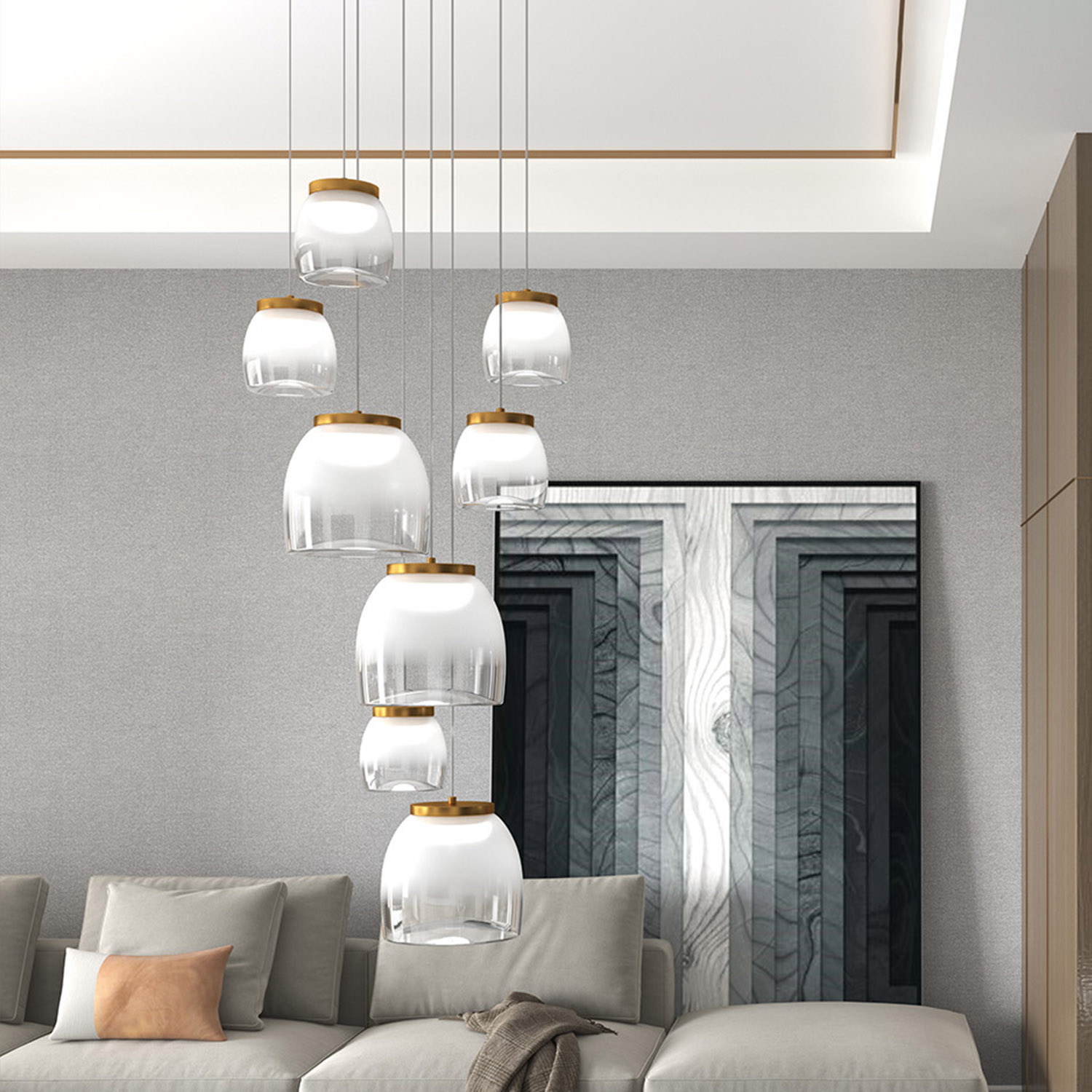 Lampadario Contemporaneo Drum Metallo Bianco Vetro Oro 8 Luci Led 40-48W Calda