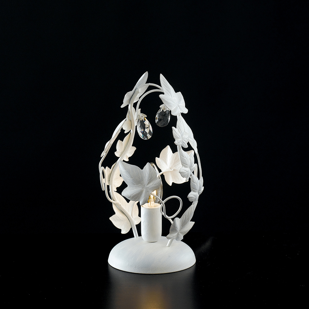 Lumetto Shabby 1 Luce Ferro Battuto Bianco con Foglie e Cristalli Serie Edera | Be Light