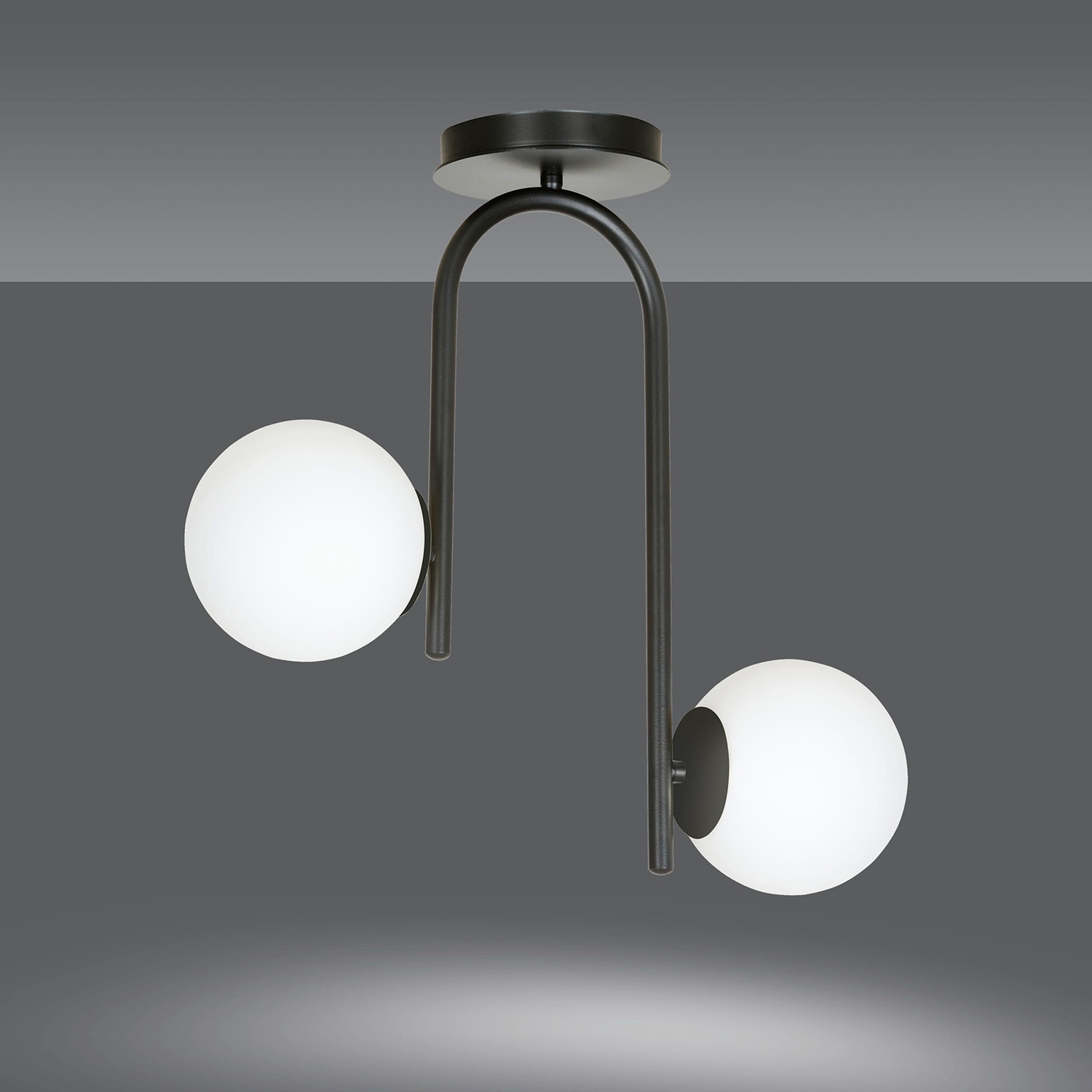 Lampadario 2 Luci Kalf In Acciaio Nero A Bracci E Sfere In Vetro Opalino 1030/2