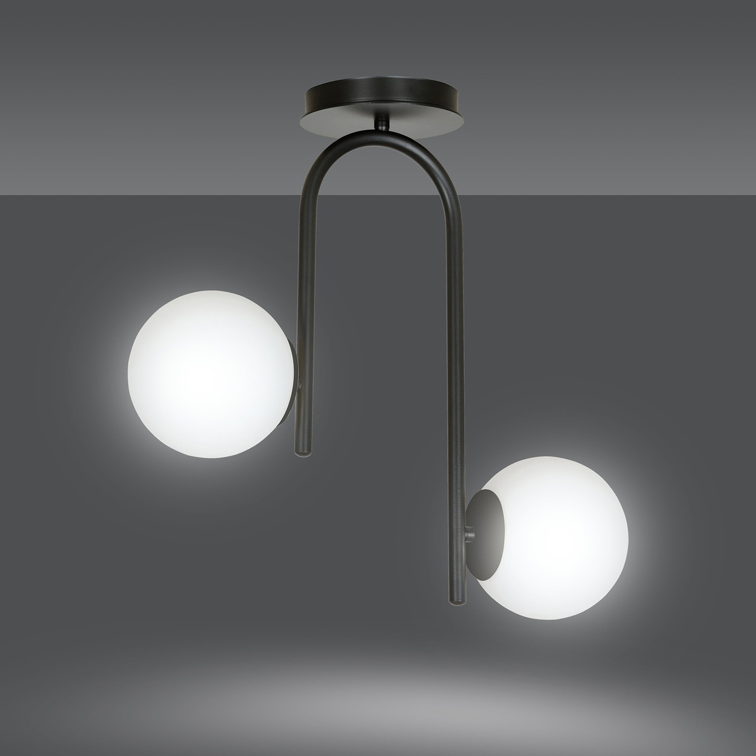 Lampadario 2 Luci Kalf In Acciaio Nero A Bracci E Sfere In Vetro Opalino 1030/2