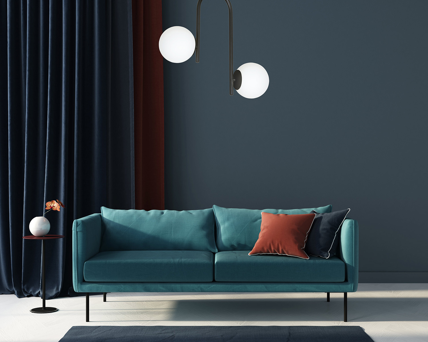 Lampadario 2 Luci Kalf In Acciaio Nero A Bracci E Sfere In Vetro Opalino 1030/2